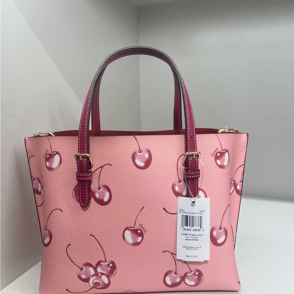 Coach Flower Pink/Bright Violet Mollie Tote Bag 25 With Cherry Print #CR293 - Picture 3 of 7